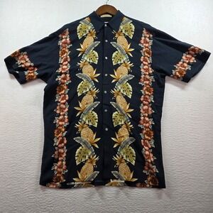 Campia Moda Mens Black Pineapple Hibiscus Rayon Hawaiian Shirt M Short Sleeve